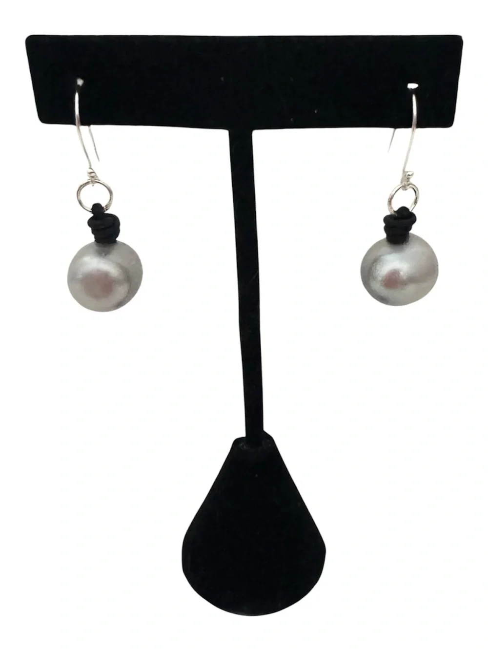 Sundance 925 Silver Pearl Gray Baroque Pearl Black Leather Knot Earrings NEW